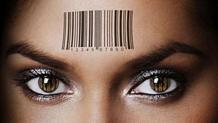 A woman with a barcode tattoo on her forehead