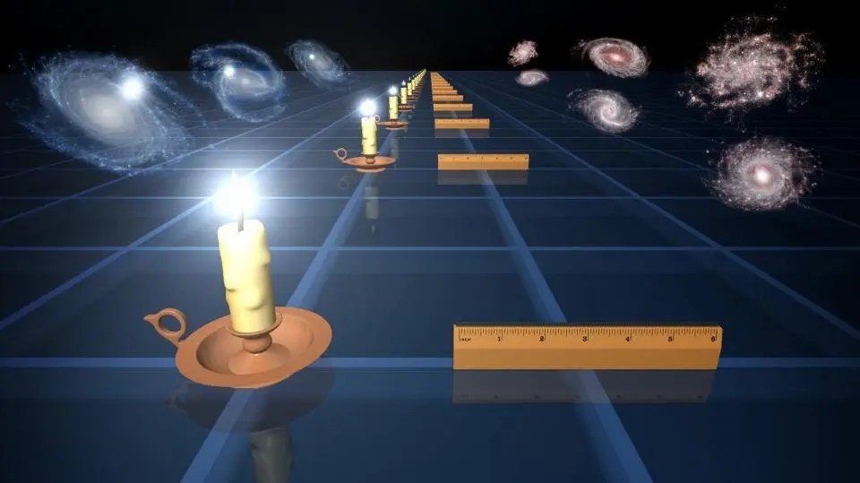 Standard candles (L) and standard rulers (R) are two different techniques astronomers use to measure the expansion of space at various times/distances in the past. Based on how quantities like luminosity or angular size change with distance, we can infer the expansion history of the Universe. Using the candle method is part of the distance ladder, yielding 73 km/s/Mpc. Using the ruler is part of the early signal method, yielding 67 km/s/Mpc. (Credit: NASA/JPL-Caltech)