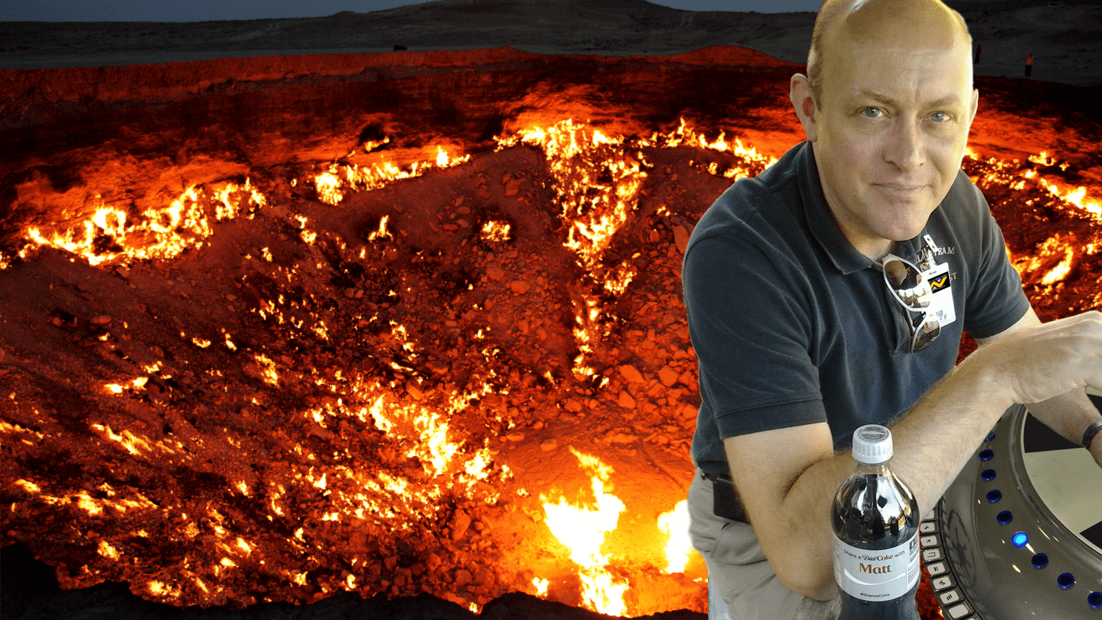 Darvasa gas crater with picture of Matty superimposed on it